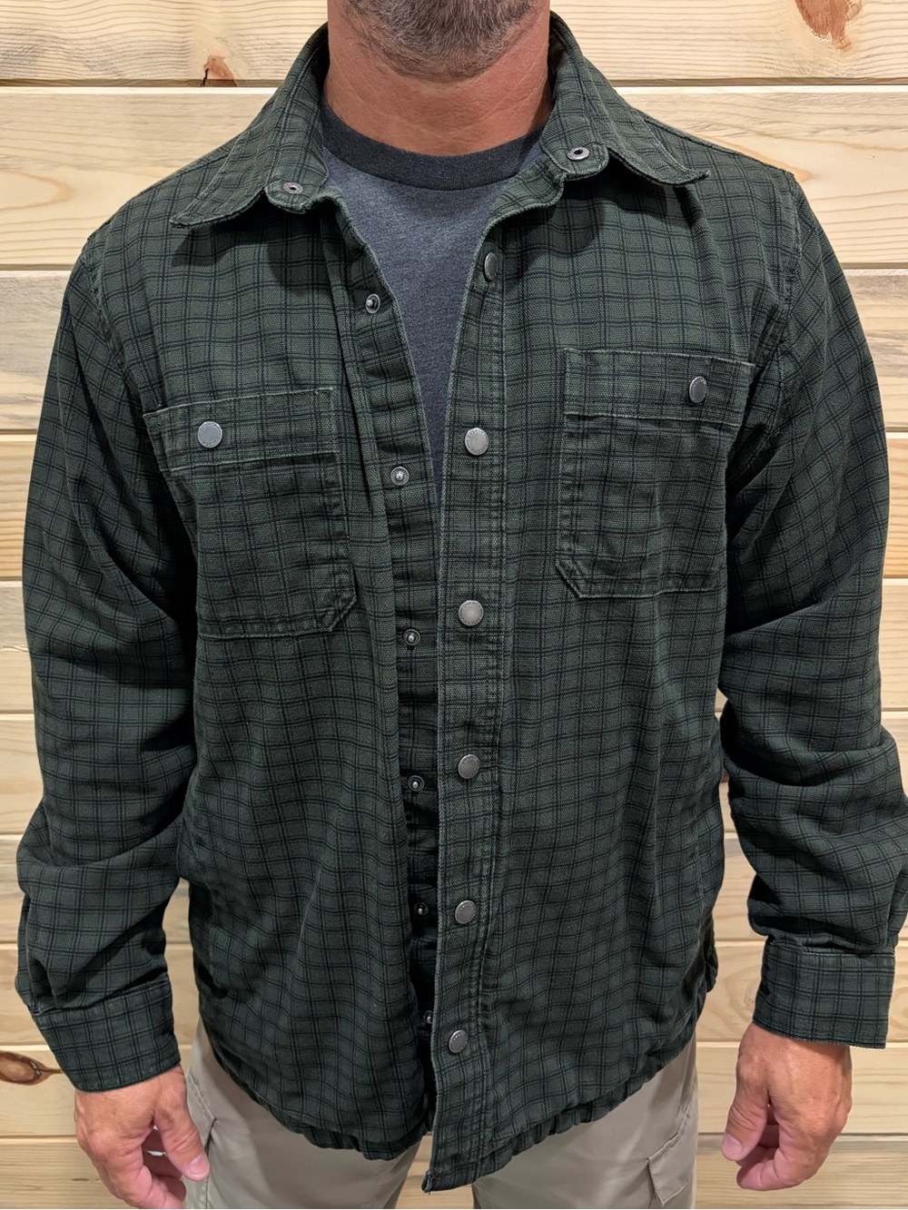 Duluth Trading Dark Green Plaid Button-Up Fleece Lined Shacket